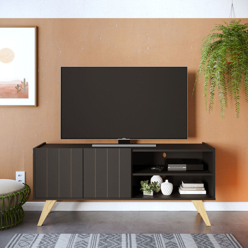 Mueble de TV Moderno - Estilo Escandinavo Blanco con Patas de Madera - 136x59x36cm - Buyqualia