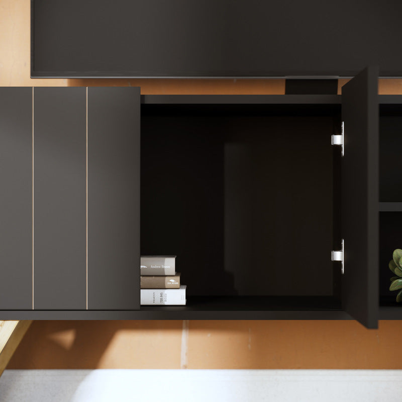 Mueble de TV Moderno - Estilo Escandinavo Blanco con Patas de Madera - 136x59x36cm - Buyqualia