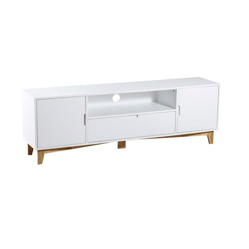 Mueble de TV color pizarra con patas Color Madera – 2 puertas, cajón y espacio abierto con gestión de cables, 52x160x35 cm - Buyqualia