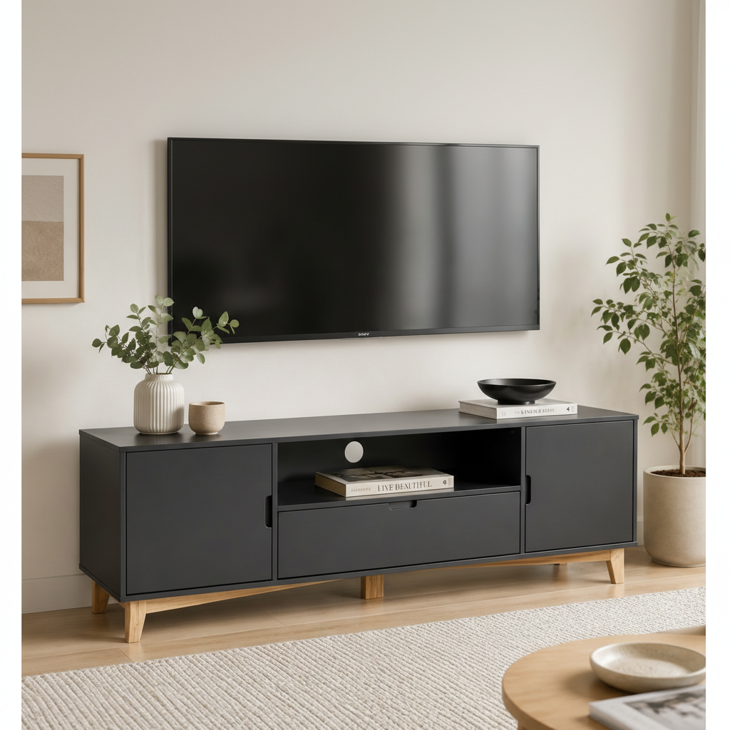 Mueble de TV color pizarra con patas Color Madera – 2 puertas, cajón y espacio abierto con gestión de cables, 52x160x35 cm - Buyqualia