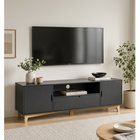Mueble de TV color pizarra con patas Color Madera – 2 puertas, cajón y espacio abierto con gestión de cables, 52x160x35 cm - Buyqualia