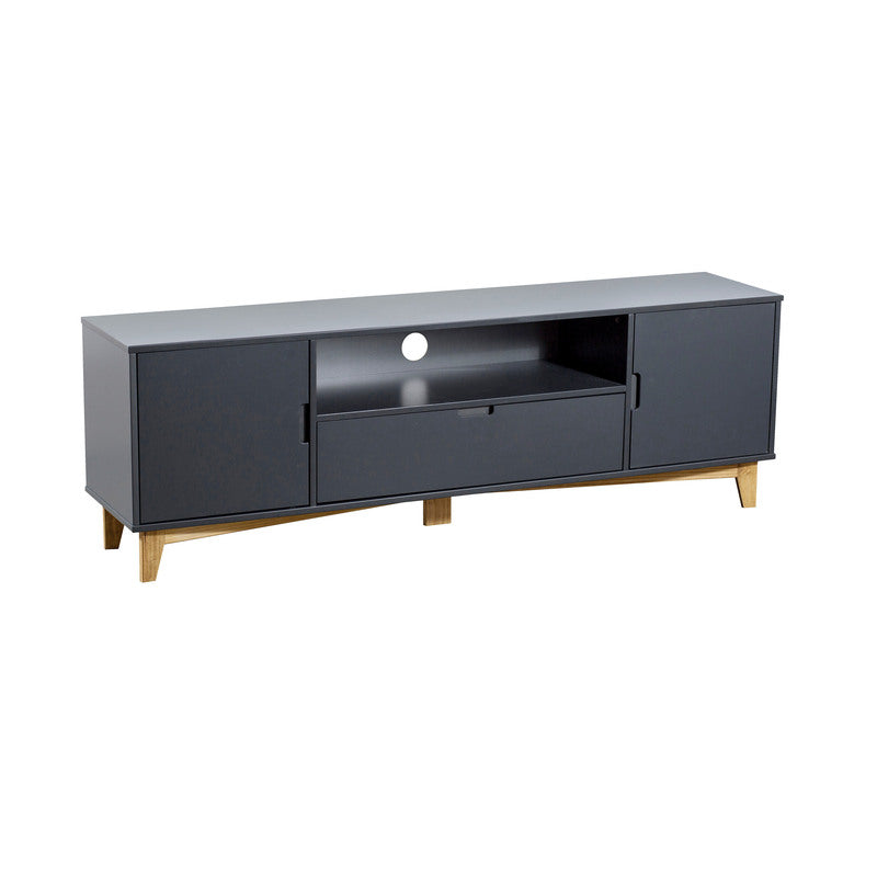 Mueble de TV color pizarra con patas Color Madera – 2 puertas, cajón y espacio abierto con gestión de cables, 52x160x35 cm - Buyqualia