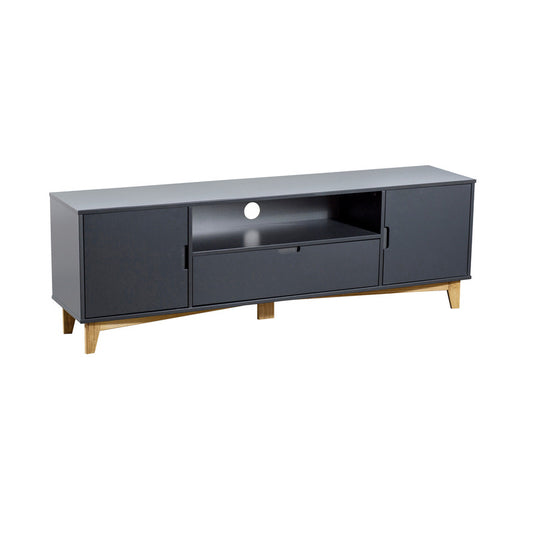 Mueble de TV color pizarra con patas Color Madera – 2 puertas, cajón y espacio abierto con gestión de cables, 52x160x35 cm - Buyqualia