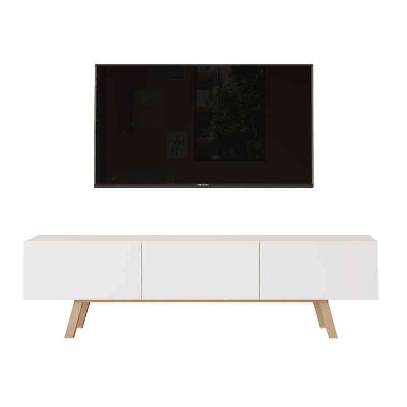 Mueble de TV Blanco con Puerta Abatible y 3 Compartimentos – 180x48x31 cm – Patas en Color Natural – Estilo Moderno – Buyqualia