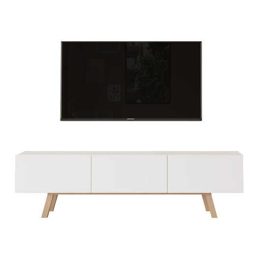 Mueble de TV Blanco con Puerta Abatible y 3 Compartimentos – 180x48x31 cm – Patas en Color Natural – Estilo Moderno – Buyqualia