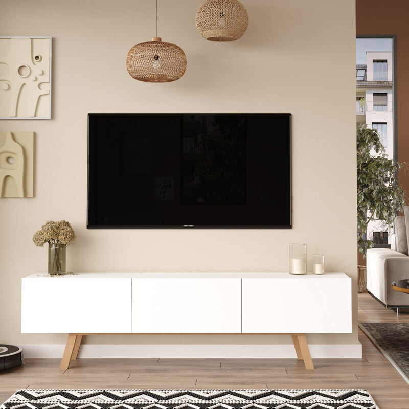 Mueble de TV Blanco con Puerta Abatible y 3 Compartimentos – 180x48x31 cm – Patas en Color Natural – Estilo Moderno – Buyqualia