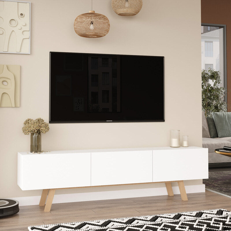 Mueble de TV Blanco con Puerta Abatible y 3 Compartimentos – 180x48x31 cm – Patas en Color Natural – Estilo Moderno – Buyqualia