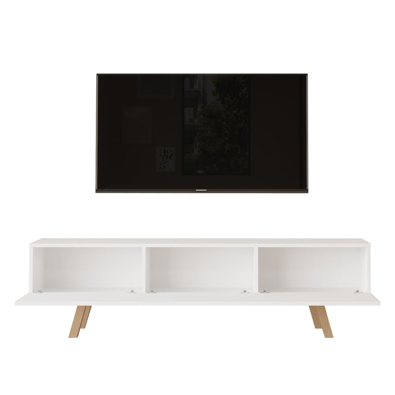 Mueble de TV Blanco con Puerta Abatible y 3 Compartimentos – 180x48x31 cm – Patas en Color Natural – Estilo Moderno – Buyqualia