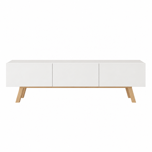 Mueble de TV con puerta abatible, 3 compartimentos y patas.