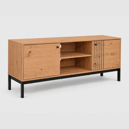 Mesa de TV de estilo industrial con 2 puertas y estantes abiertos