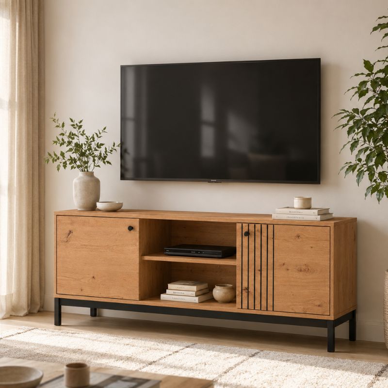 Mesa de TV de estilo industrial en acabado roble ares y negro con 2 puertas y estantes abierto