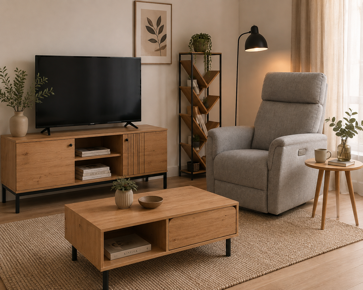 Mesa de TV de estilo industrial en acabado roble ares y negro con 2 puertas y estantes abierto