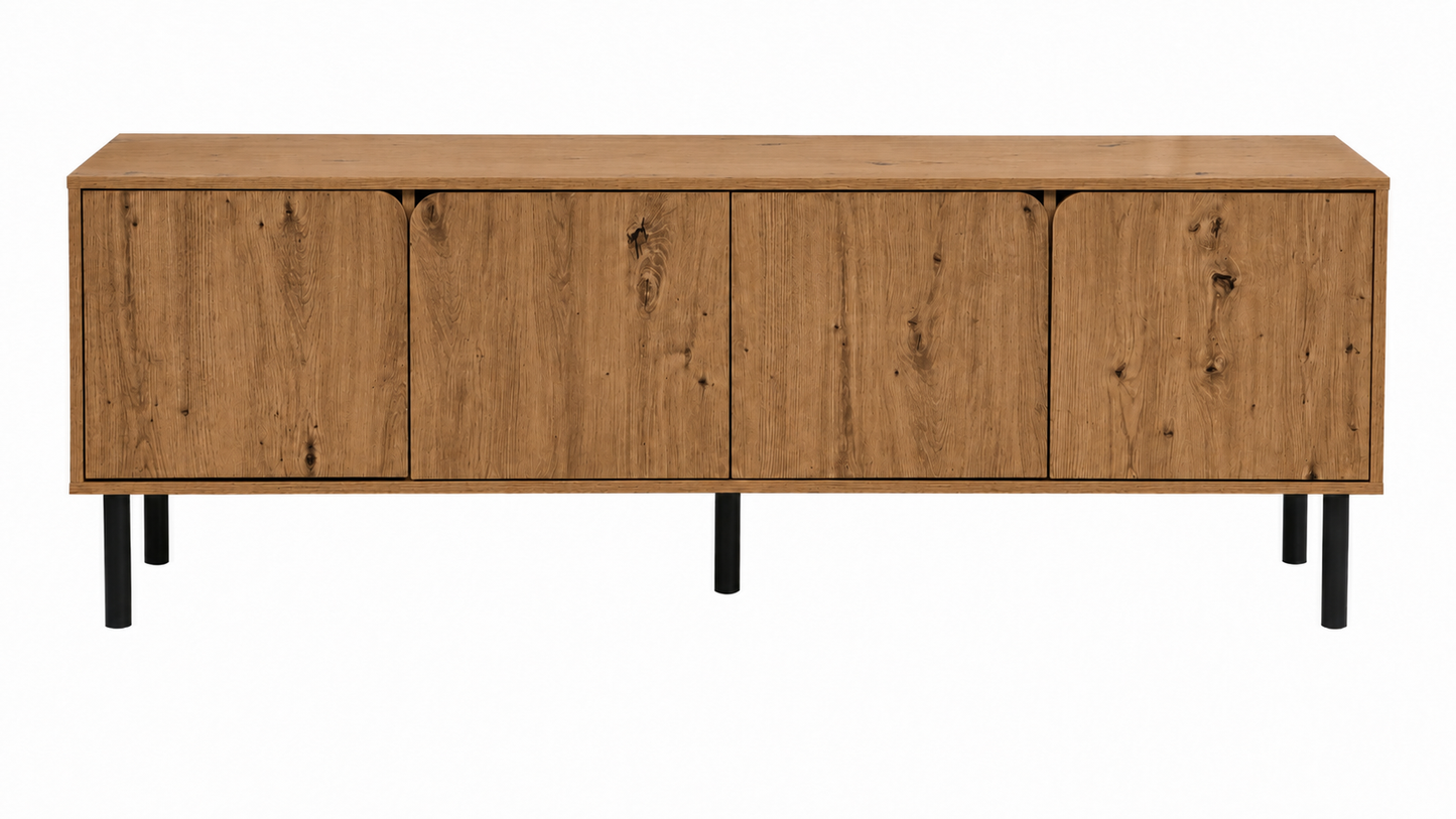 Mesa de TV de estilo moderno en acabado roble con 4 puertas y patas negras