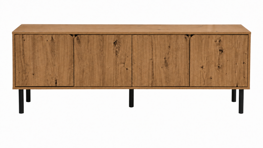 Mesa de TV de estilo moderno en acabado roble con 4 puertas y patas negras