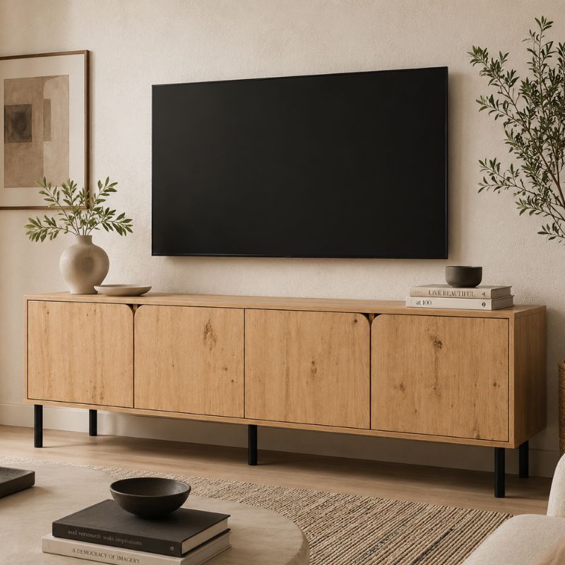 Mesa de TV de estilo moderno en acabado roble con 4 puertas y patas negras