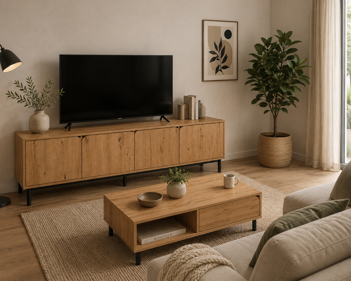 Mesa de TV de estilo moderno en acabado roble con 4 puertas y patas negras