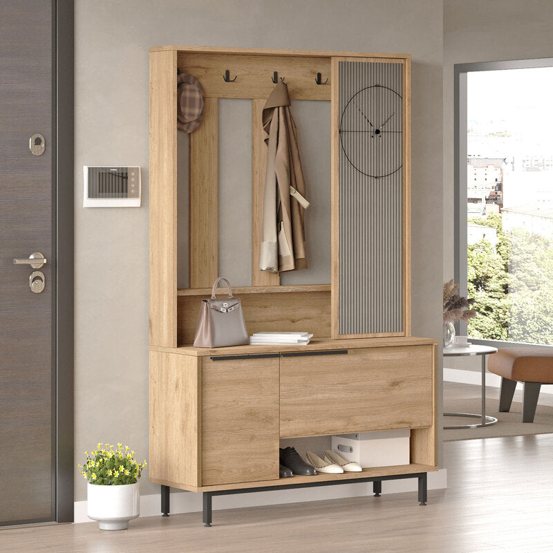 Recibidor moderno tipo madera con espejo, perchero y gabinete inferior