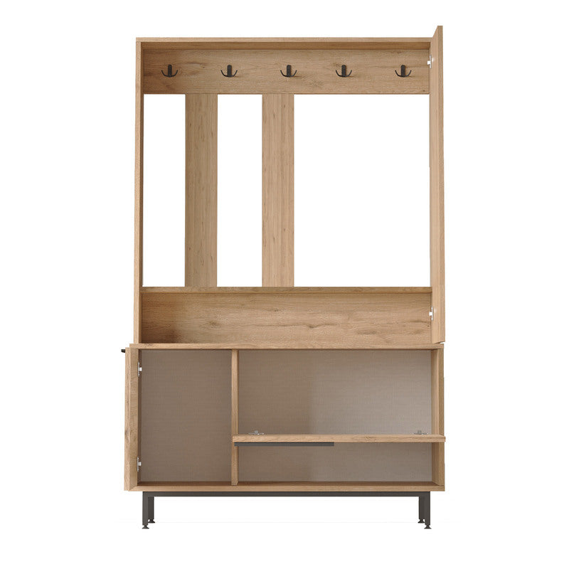 Recibidor moderno tipo madera con espejo, perchero y gabinete inferior