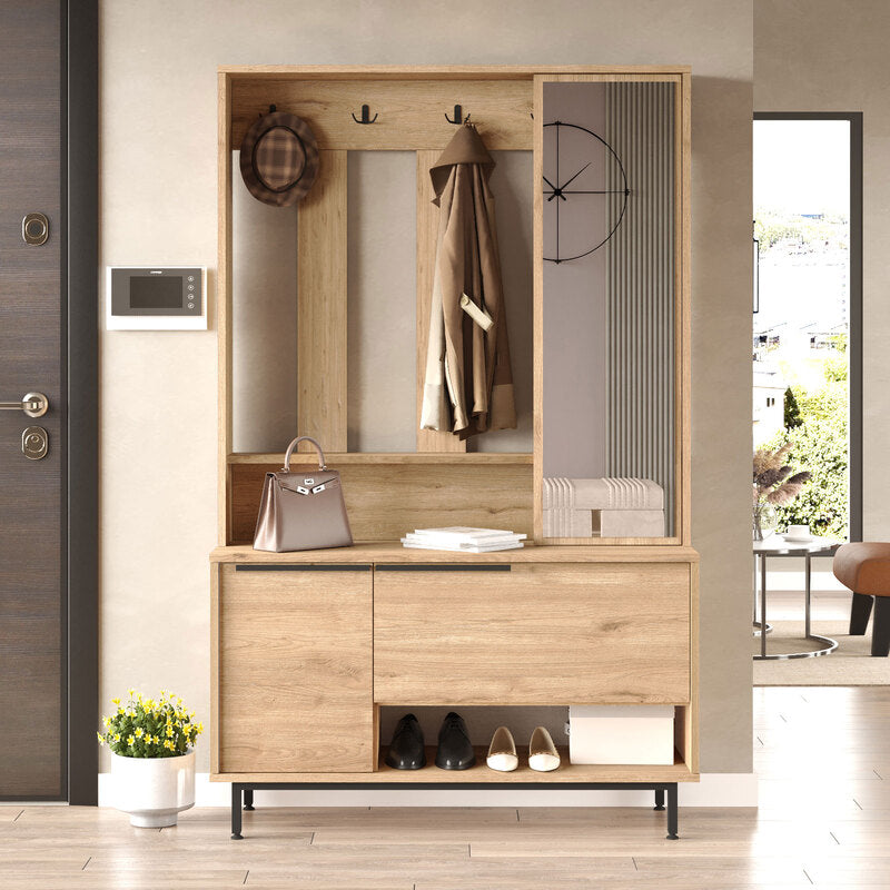 Recibidor moderno tipo madera con espejo, perchero y gabinete inferior
