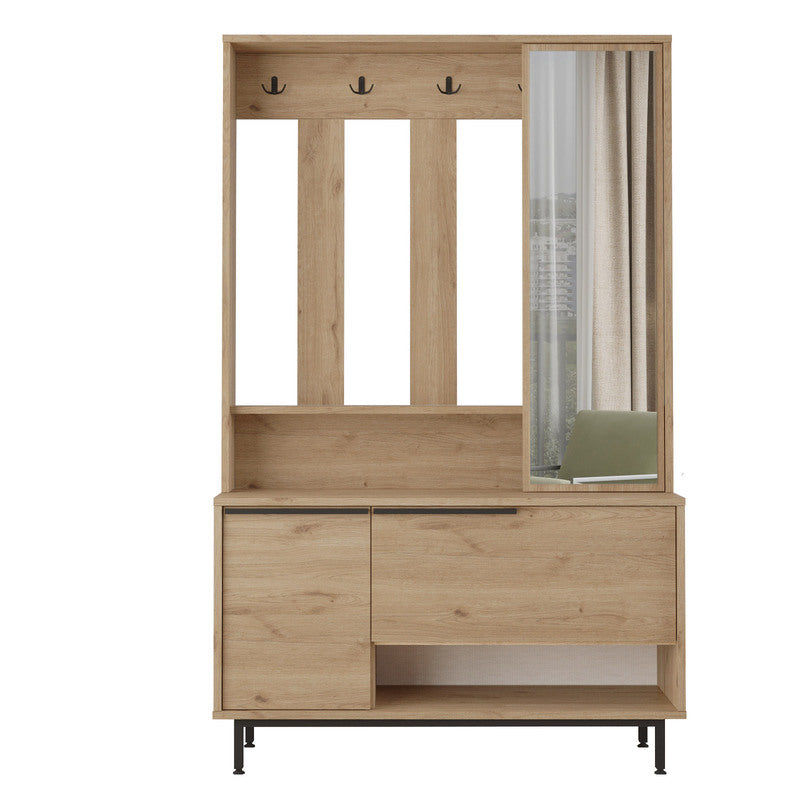Recibidor moderno tipo madera con espejo, perchero y gabinete inferior