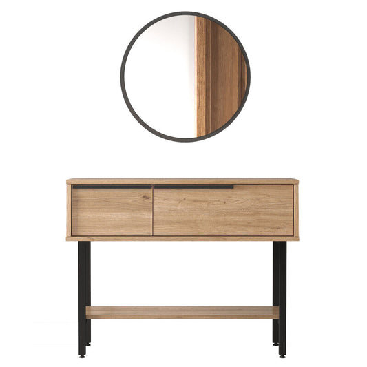 Recibidor moderno tipo madera con espejo, perchero y gabinete inferior
