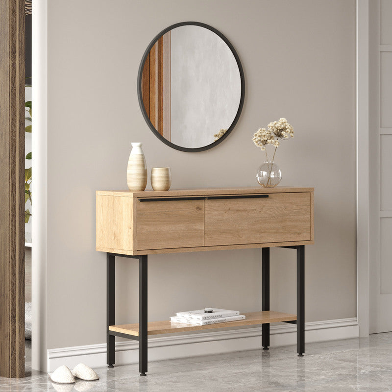 Recibidor moderno tipo madera con espejo, perchero y gabinete inferior