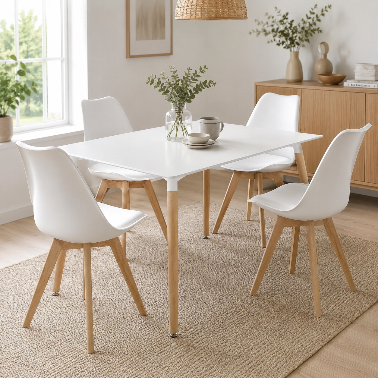 Juego de 4 sillas de Comedor Estilo Nórdico – Asiento Blanco con Cojín y Patas de Madera en Roble - Buyqualia