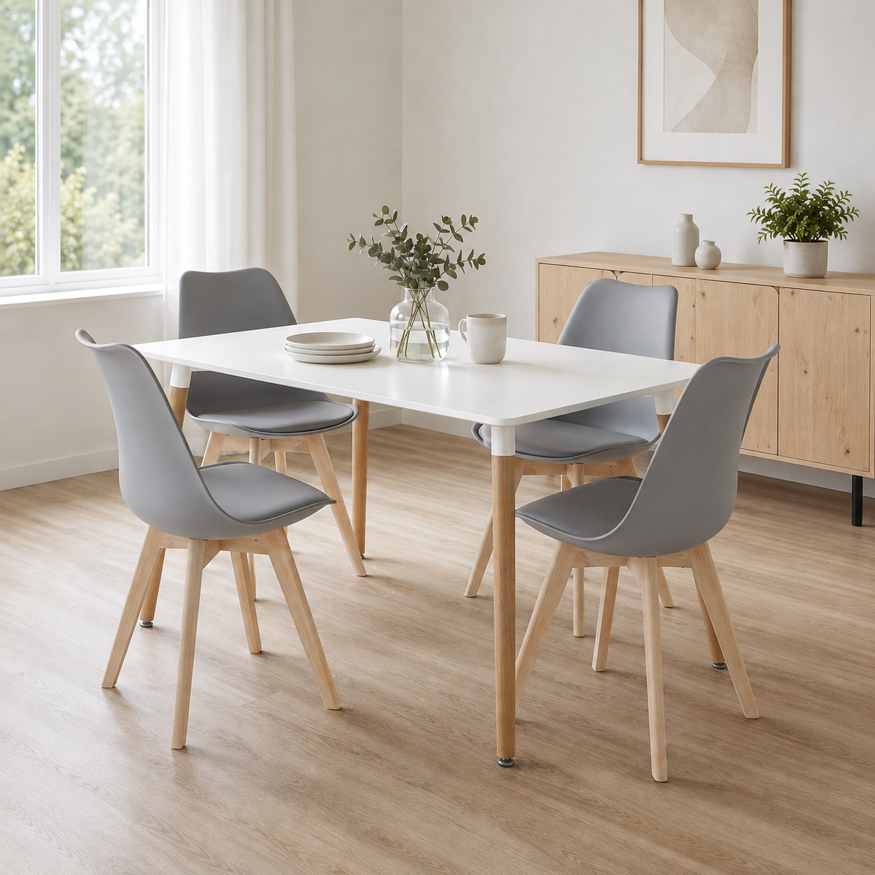 Juego de 4 sillas de Comedor Estilo Nórdico – Asiento Blanco con Cojín y Patas de Madera en Roble - Buyqualia