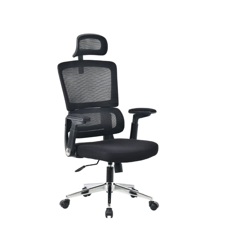 Silla de Oficina Ergonómica Negra – Respaldo alto con cojín cervical, patas metálicas con ruedas - 87x44x54 cm - Buyqualia