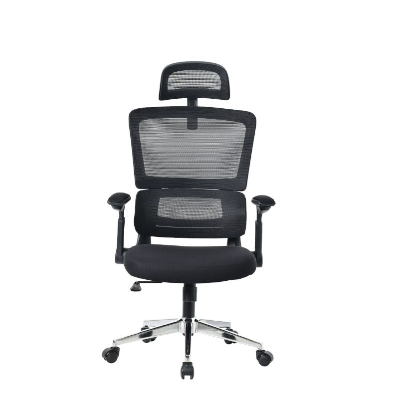 Silla de Oficina Ergonómica Negra – Respaldo alto con cojín cervical, patas metálicas con ruedas - 87x44x54 cm - Buyqualia