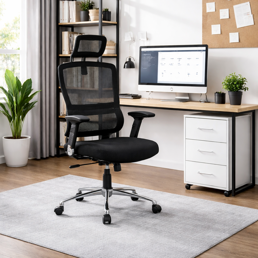 Silla de Oficina Ergonómica Negra – Respaldo alto con cojín cervical, patas metálicas con ruedas - 87x44x54 cm - Buyqualia