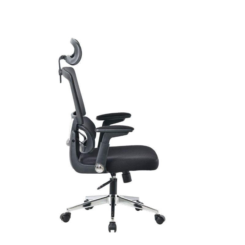 Silla de Oficina Ergonómica Negra – Respaldo alto con cojín cervical, patas metálicas con ruedas - 87x44x54 cm - Buyqualia