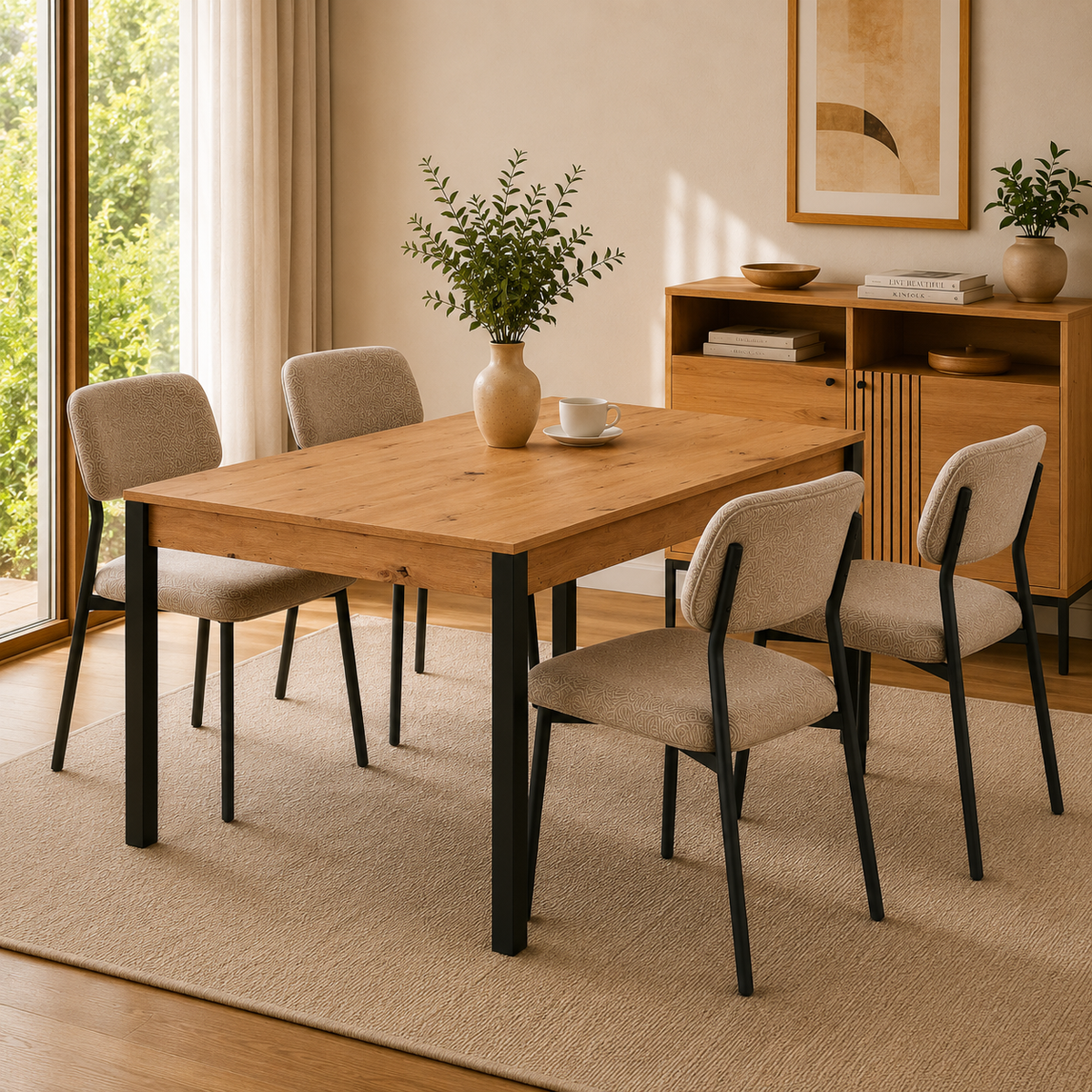 Pack de 4 sillas de comedor tapizadas en visón con respaldo acolchado y patas negras