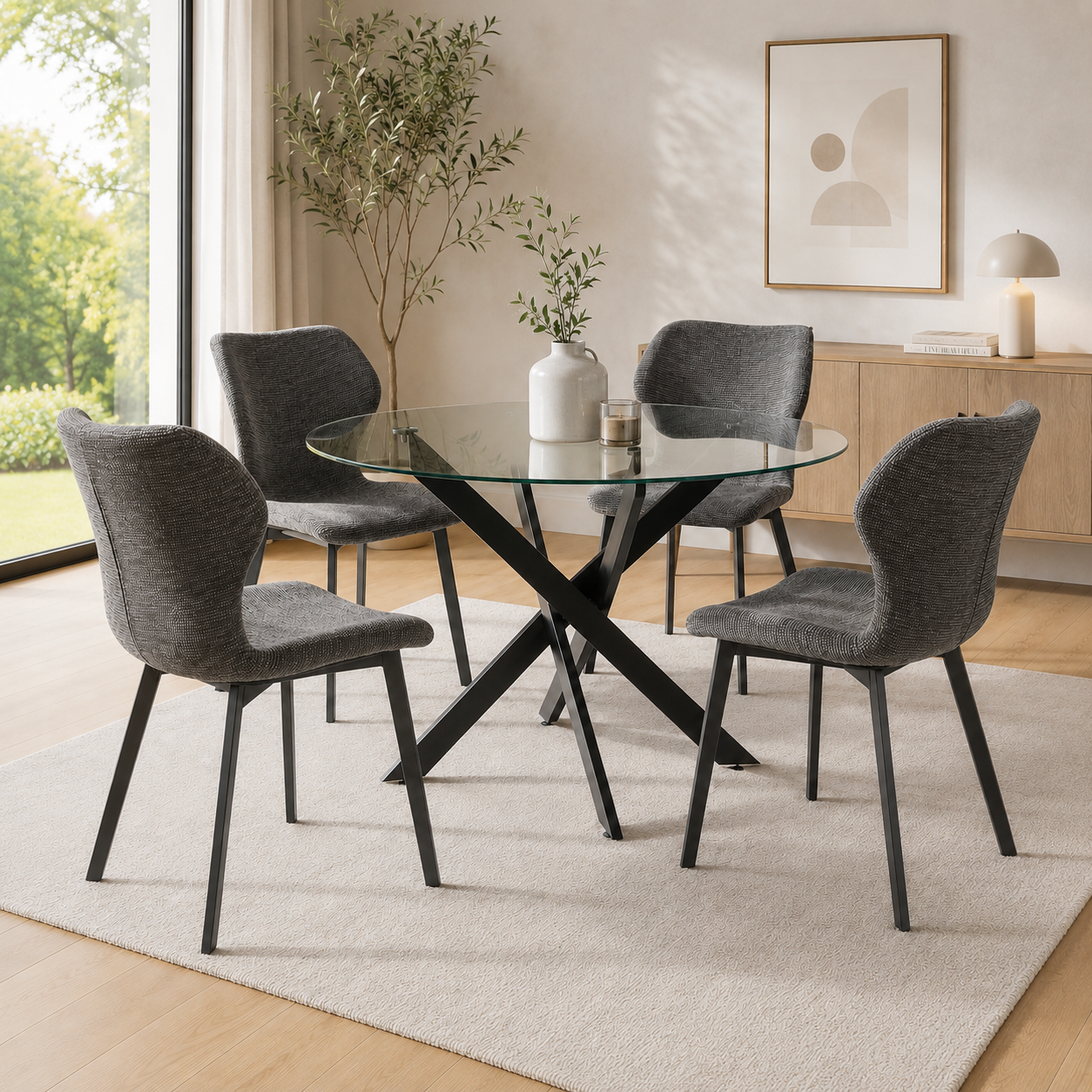 Silla tapizada de diseño moderno con respaldo envolvente y patas metálicas