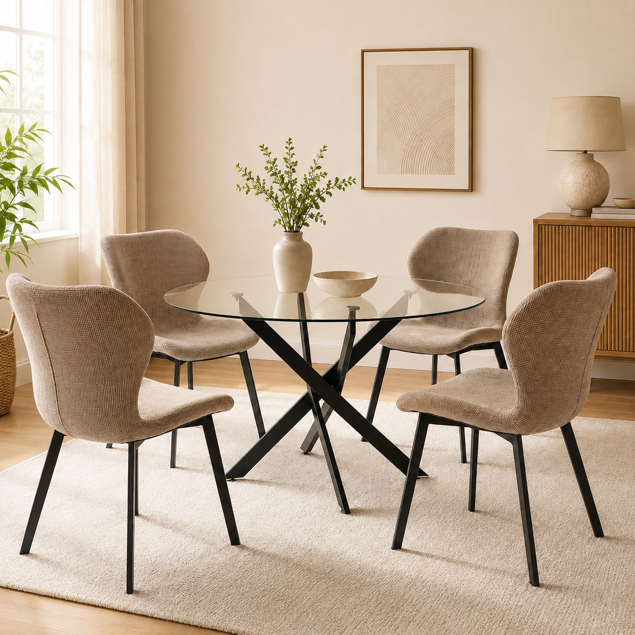 Silla tapizada de diseño moderno con respaldo envolvente y patas metálicas