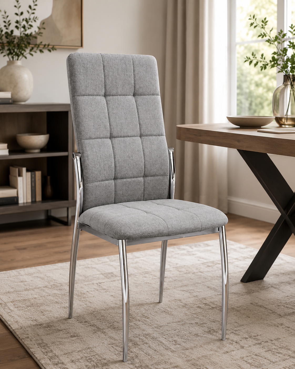 Pack de 4 sillas de comedor grises con patas metálicas – Asiento de tela con diseño de cuadros, estilo moderno, 44x46x10 cm - Buyqualia