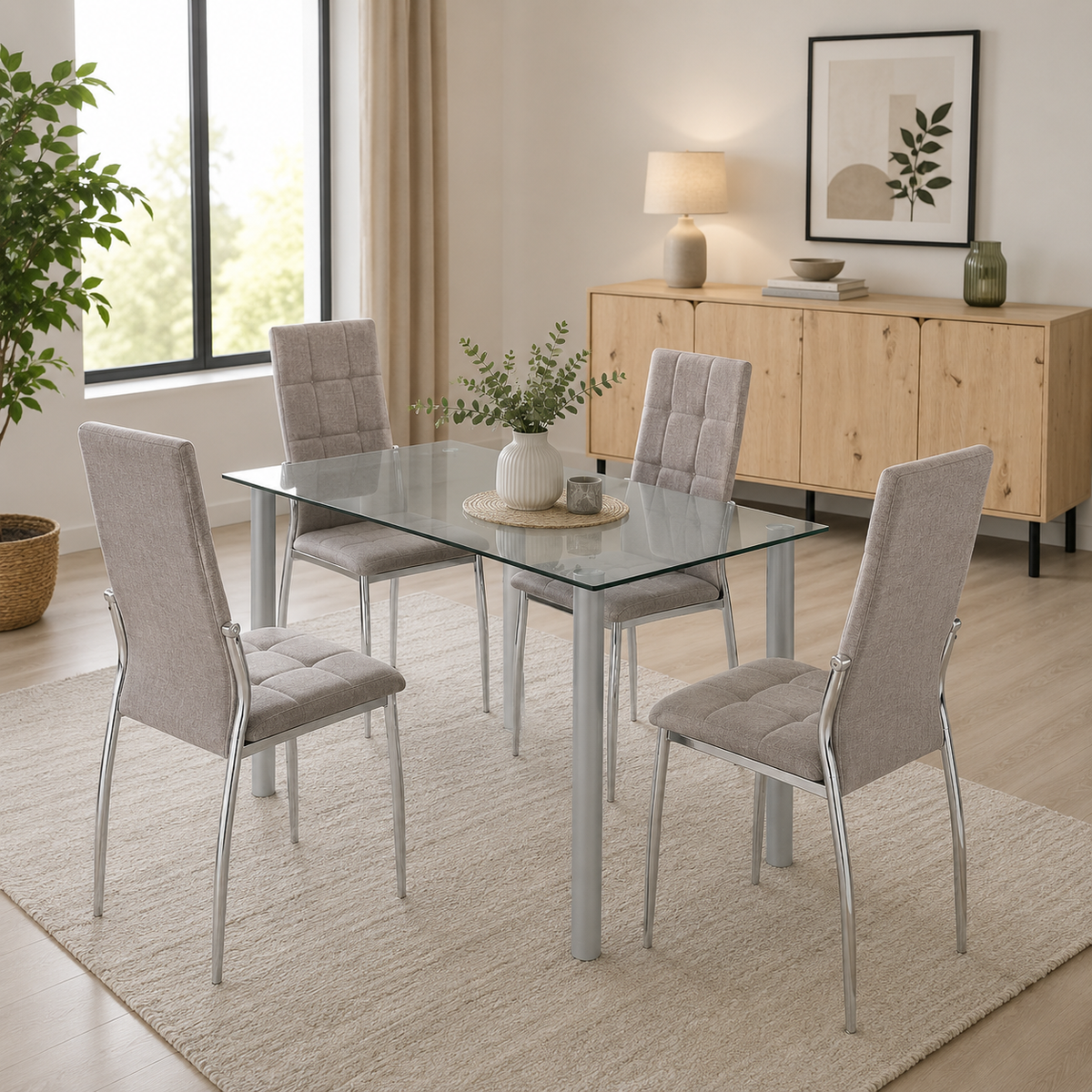 Pack de 4 sillas de comedor con patas metálicas Asiento de tela con diseño de cuadros, estilo moderno