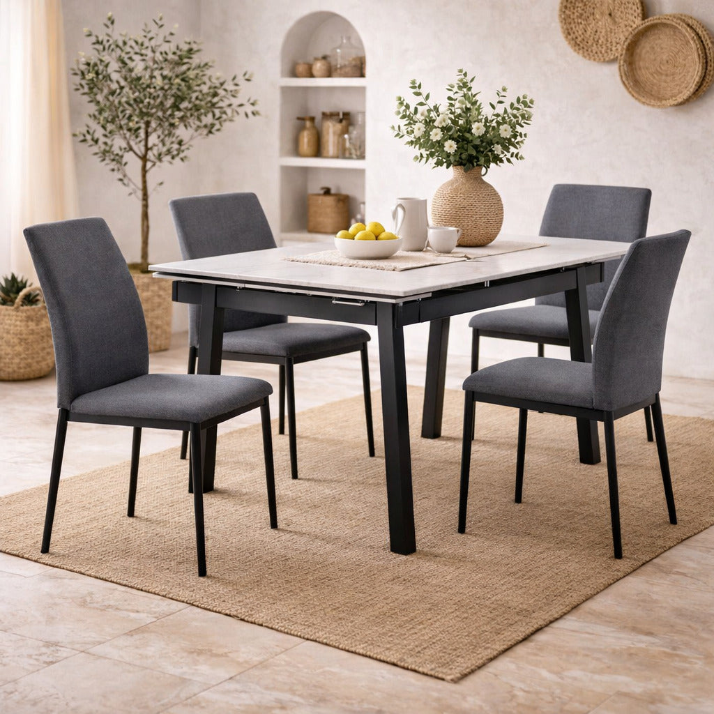Juego de 2 sillas tapizadas de comedor con estructura metálica y respaldo alto