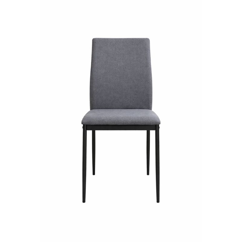 Juego de 2 sillas tapizadas de comedor con estructura metálica y respaldo alto