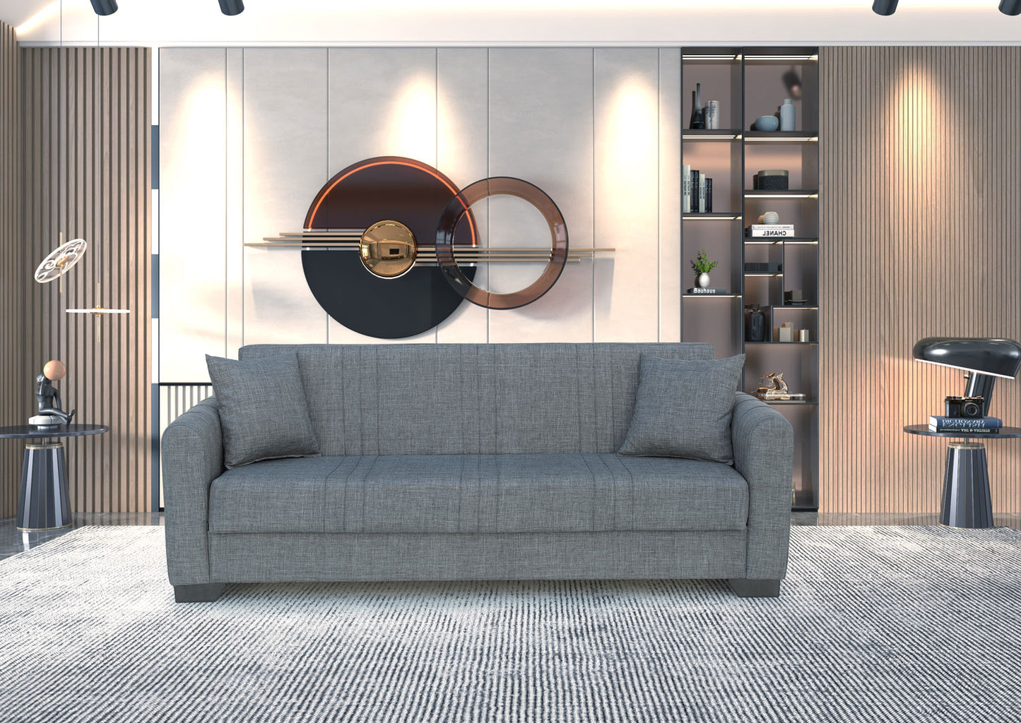 Sofá Cama Clic Clac 3 Plazas con Almacenamiento – Tapizado en Tela Gris – Función Cama y Baúl – 215x85x84 cm – Estilo Moderno y Práctico - Buyqualia
