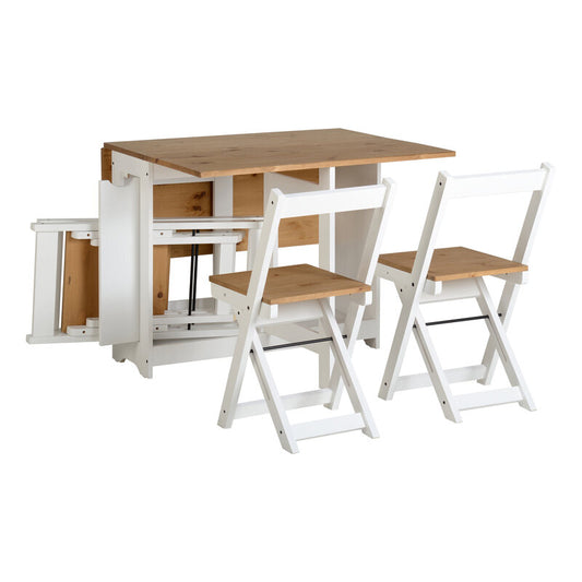 Set de mesa plegable con tapa color safir y patas blancas + 4 sillas plegables – Con alas abatibles y espacio de almacenaje para las sillas - 115x95x76 cm - Buyqualia