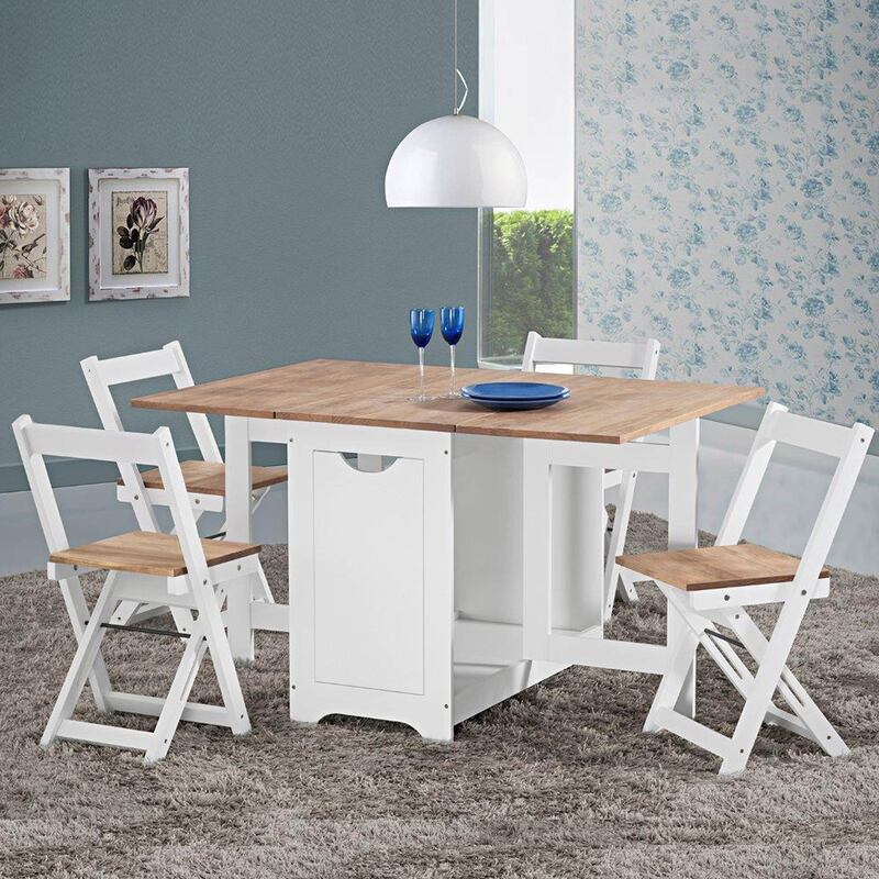 Set de mesa plegable con tapa color safir y patas blancas + 4 sillas plegables – Con alas abatibles y espacio de almacenaje para las sillas - 115x95x76 cm - Buyqualia