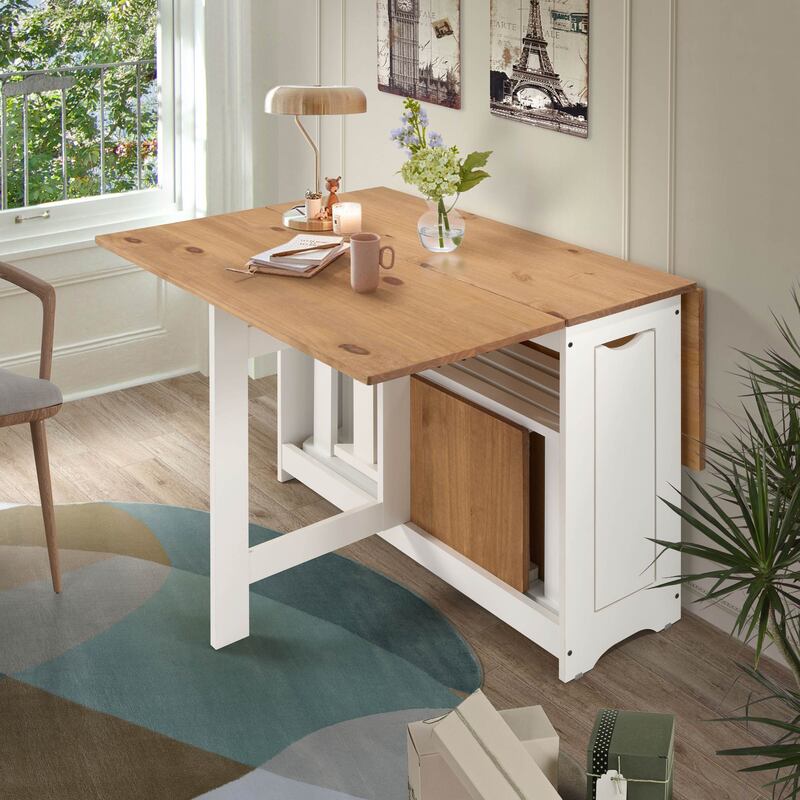 Set de mesa plegable con tapa color safir y patas blancas + 4 sillas plegables – Con alas abatibles y espacio de almacenaje para las sillas - 115x95x76 cm - Buyqualia