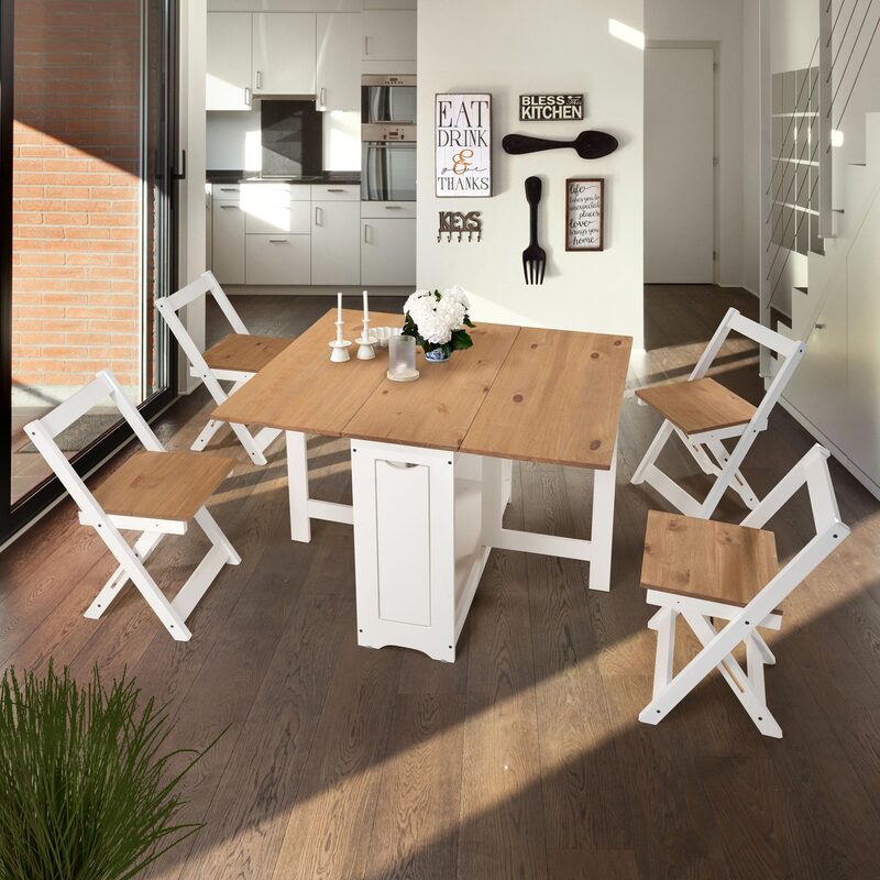 Set de mesa plegable con tapa color safir y patas blancas + 4 sillas plegables – Con alas abatibles y espacio de almacenaje para las sillas - 115x95x76 cm - Buyqualia