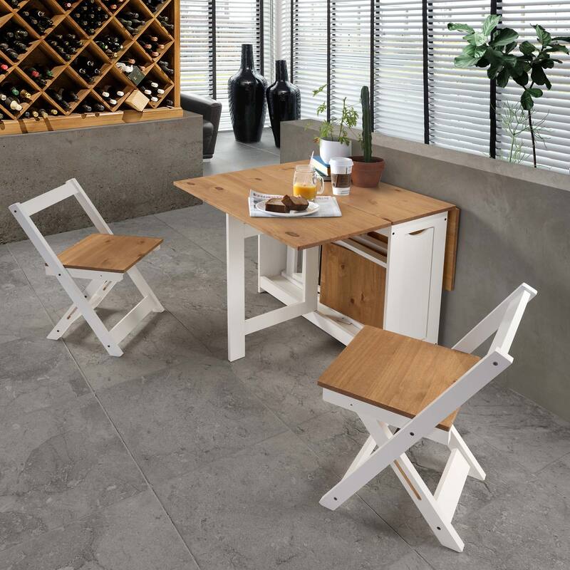 Set de mesa plegable con tapa color safir y patas blancas + 4 sillas plegables – Con alas abatibles y espacio de almacenaje para las sillas - 115x95x76 cm - Buyqualia