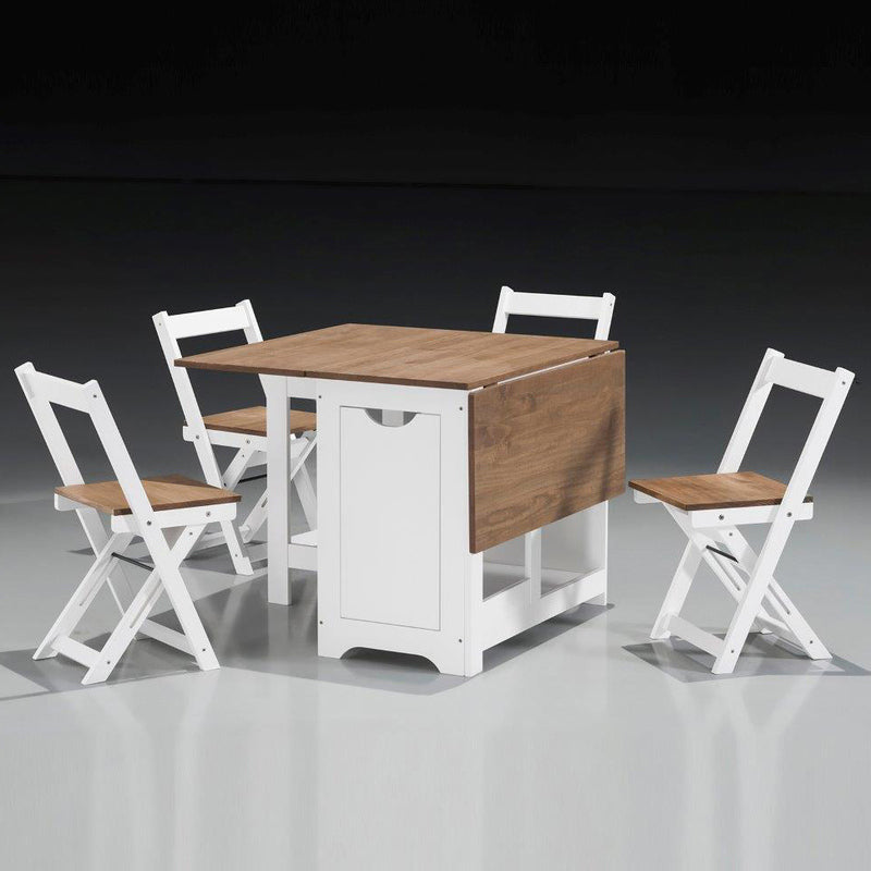 Set de mesa plegable con tapa color safir y patas blancas + 4 sillas plegables – Con alas abatibles y espacio de almacenaje para las sillas - 115x95x76 cm - Buyqualia