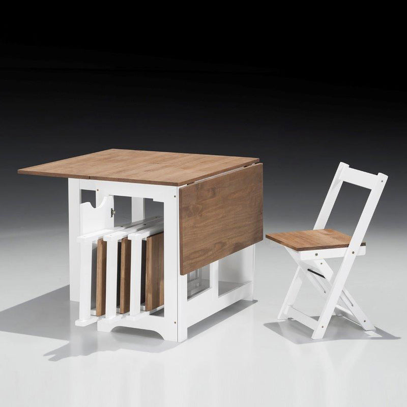 Set de mesa plegable con tapa color safir y patas blancas + 4 sillas plegables – Con alas abatibles y espacio de almacenaje para las sillas - 115x95x76 cm - Buyqualia