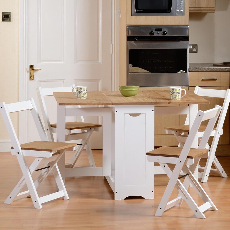 Set de mesa plegable con tapa color safir y patas blancas + 4 sillas plegables – Con alas abatibles y espacio de almacenaje para las sillas - 115x95x76 cm - Buyqualia
