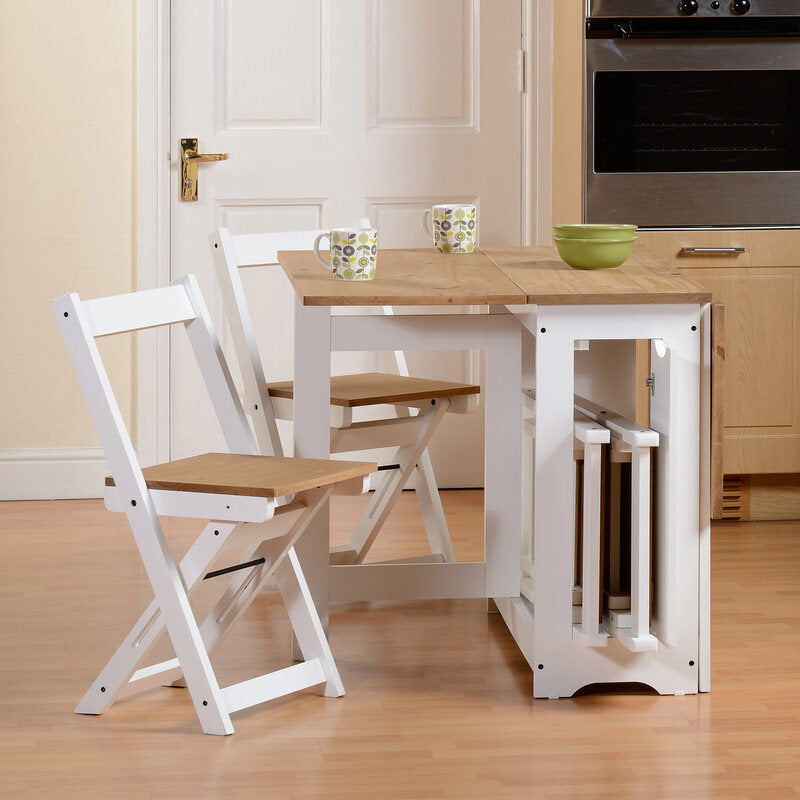 Set de mesa plegable con tapa color safir y patas blancas + 4 sillas plegables – Con alas abatibles y espacio de almacenaje para las sillas - 115x95x76 cm - Buyqualia
