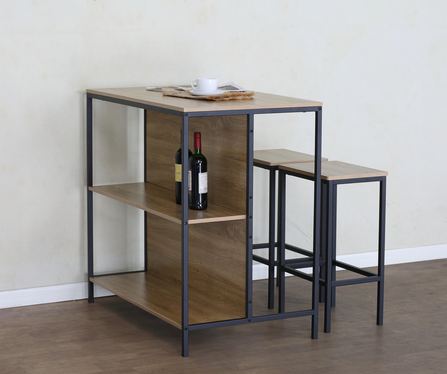 Buyqualia - Set de Mesa Alta con 2 Taburetes y Estantería Lateral 95x100x60 cm – Conjunto de Barra de Cocina, Comedor o Salón, Mesa Alta con Almacenaje